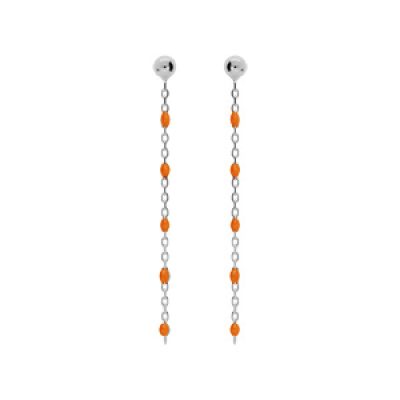 Boucles d'oreille en argent rhodié chaînette avec perles orange fluo et fermoir poussette