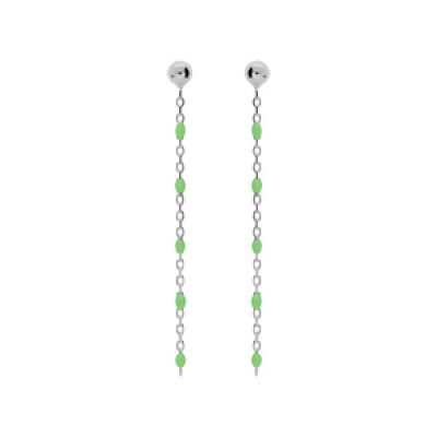 Boucles d'oreille en argent rhodié chaînette avec perles vert fluo et fermoir poussette