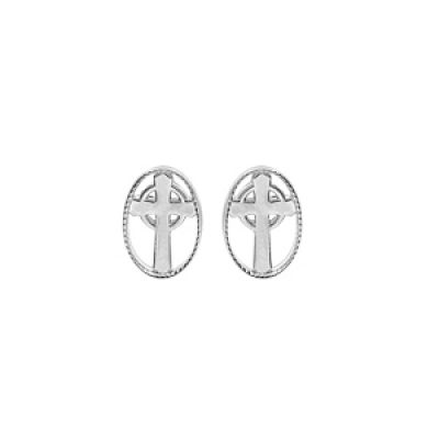 Boucles d'oreille en argent rhodié ovale avec croix et fermoir poussette