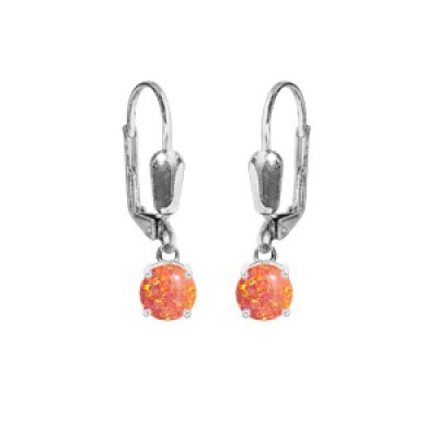 Boucles d'oreille en argent rhodié Opale orange de synthèse 5mm suspendue serti 4 griffes et fermoir dormeuse