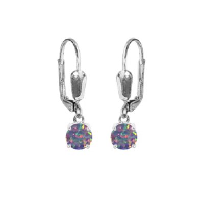 Boucles d'oreille en argent rhodié Opale violet de synthèse 5mm suspendue serti 4 griffes et fermoir dormeuse