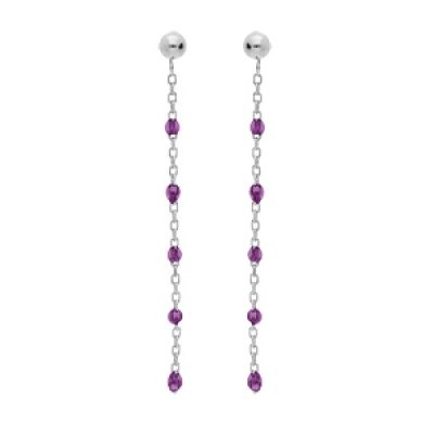 Boucles d'oreille en argent rhodié chaînette avec olives couleur violet transparent et fermoir poussette