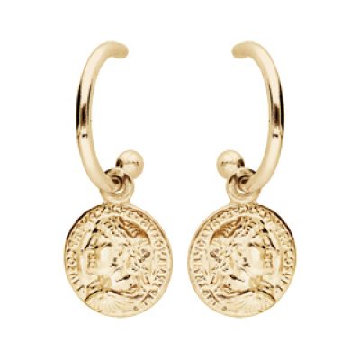 Boucles d'oreille en argent rhodié et dorure jaune ethnique anneau avec pampille pièce romaine et fermoir poussette