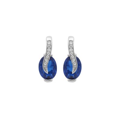 Boucles d'oreille en argent rhodié oxydes bleu oval sur ruban d'oxydes blancs sertis et fermoir poussette