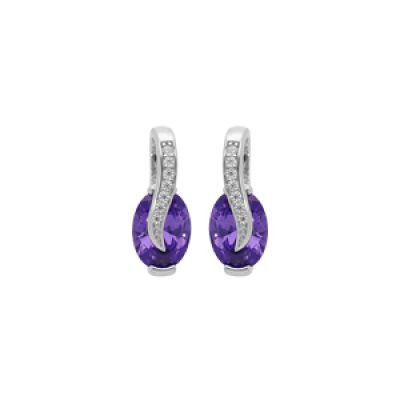Boucles d'oreille en argent rhodié oxydes violet oval sur ruban d'oxydes blancs sertis et fermoir poussette