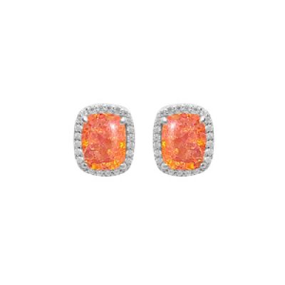 Boucles d'oreille en argent rhodié Opale orange de synthèse carré et oxydes blancs sertis fermoir poussette