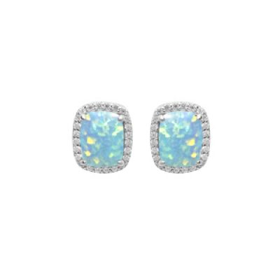 Boucles d'oreille en argent rhodié Opale turquoise de synthèse carré et oxydes blancs sertis fermoir poussette