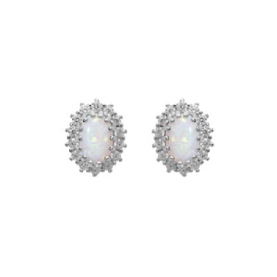 Boucles d'oreille en argent rhodié Opale blanche de synthèse contour perlé avec oxydes blancs sertis et fermoir poussette
