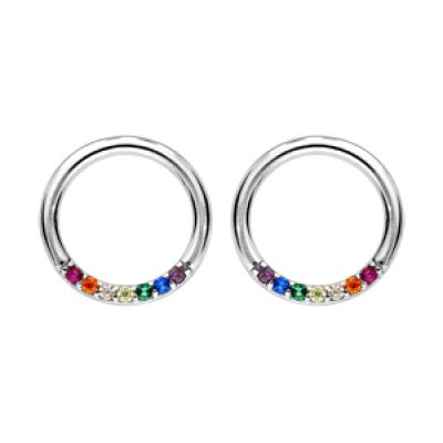 Boucles d'oreille en argent rhodié anneau avec pierres multi couleurs et fermoir poussette