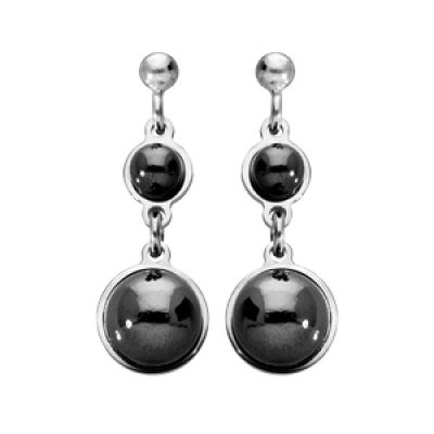 Boucles d'oreille pendantes en argent rhodié perles noires en verre de Swarovski suspendues et fermoir poussette