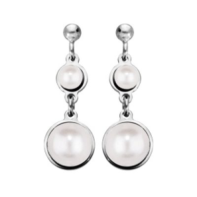 Boucles d'oreille pendantes en argent rhodié perles blanches en verre de Swarovski suspendues et fermoir poussette