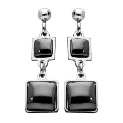 Boucles d'oreille pendantes en argent rhodié perles carrées noires en verre de Swarovski suspendues et fermoir poussette