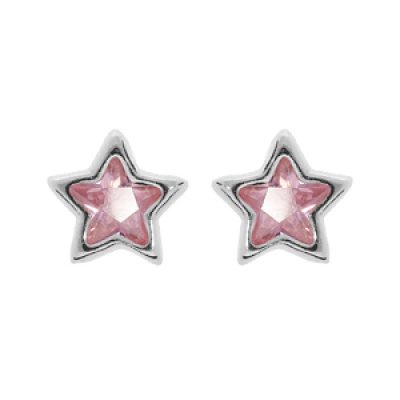Boucles d'oreille en argent rhodié étoile d'oxyde rose et fermoir poussette