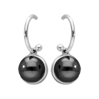 Créoles en argent rhodié anneau avec perle noire de Swarovski suspendue et fermoir poussette