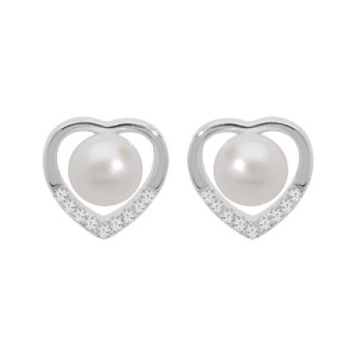 Boucles d'oreille en argent rhodié coeur avec perle de culture d'eau douce blanche et oxydes blancs sertis et fermoir poussette