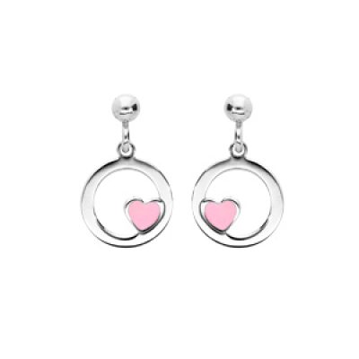Boucles d'oreille pendantes en argent rhodié anneau suspendu avec coeur rose et fermoir poussette