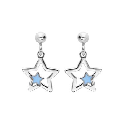 Boucles d'oreille pendantes en argent rhodié étoile suspendue avec étoile bleue et fermoir poussette