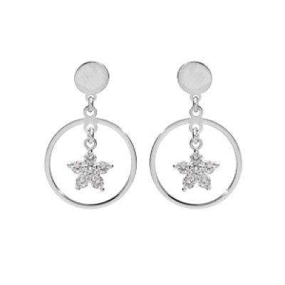 Boucles d'oreille en argent rhodié anneau suspendu avec étoile d'oxydes blancs et fermoir poussette