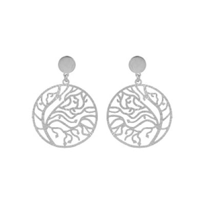 Boucles d'oreille en argent rhodié anneau suspendu ajourée 23mm motif végétal et fermoir poussette
