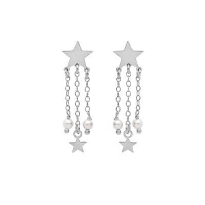 Boucles d'oreille en argent rhodié étoile avec chaînettes perles étoile et blanche de synthèse fermoir poussette