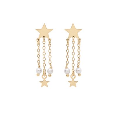 Boucles d'oreille en argent et dorure jaune étoile avec chaînettes perles étoile et blanche de synthèse fermoir poussette