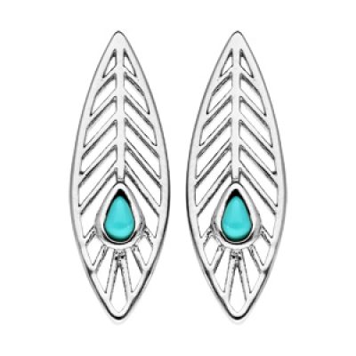 Boucles d'oreille en argent rhodié plume avec pierre couleur turquoise et fermoir poussette