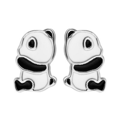 Boucles d'oreille pour enfant en argent rhodié panda noir et blanc et fermoir poussette
