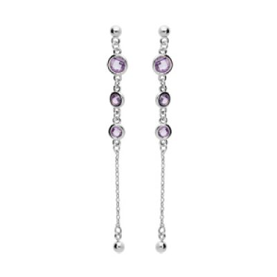 Boucles d'oreille en argent rhodié massif pendantes avec oxydes ronds violets et chaînette fermoir poussette