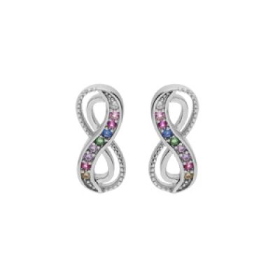 Boucles d'oreille en argent rhodié motif infini avec oxydes multi couleurs sertis et fermoir poussette