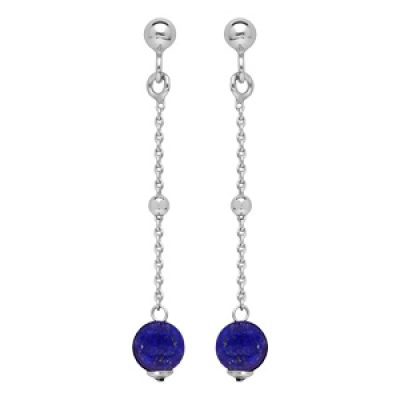 Boucles d'oreille pendantes en argent rhodié chaînette avec boule Lapis Lazuli véritable et fermoir poussette