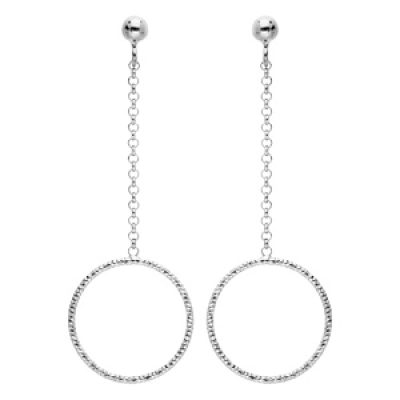 Boucles d'oreille pendantes en argent rhodié chaînette avec cercle diamanté et fermoir poussette