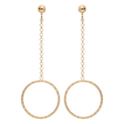 Boucles d'oreille pendantes en argent rhodiéet dorure jaune chaînette avec cercle diamanté et fermoir poussette