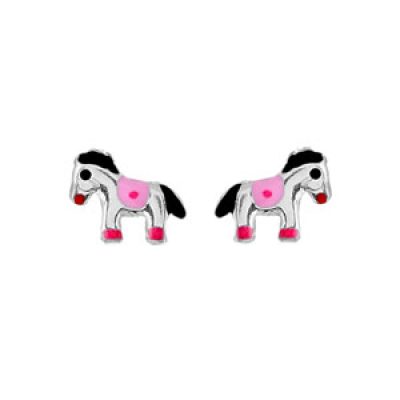 Boucles d'oreilles enfant en argent rhodié poney coloré et fermoir poussette