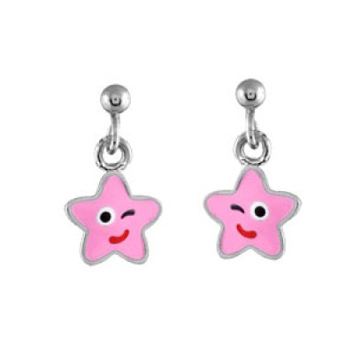 Boucles d'oreilles pour enfant en argent rhodié étoile rose suspendue et fermoir poussette