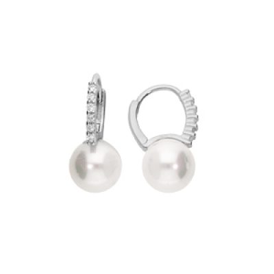 Boucles d'oreille en argent rhodié perle blanche et oxydes blancs sertis