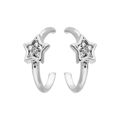 Boucles d'oreille en argent rhodié demi anneau avec étoile oxydes blancs et fermoir poussette
