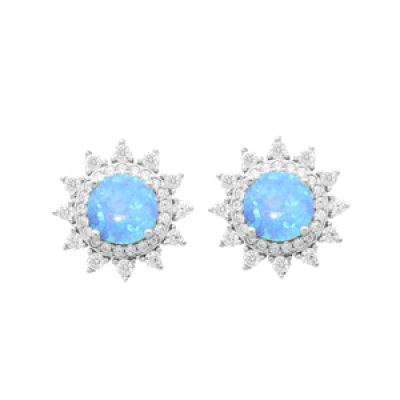 Boucles d'oreille en argent rhodié soleil avec Opale bleue de synthèse contour oxydes blancs sertis et fermoir poussette