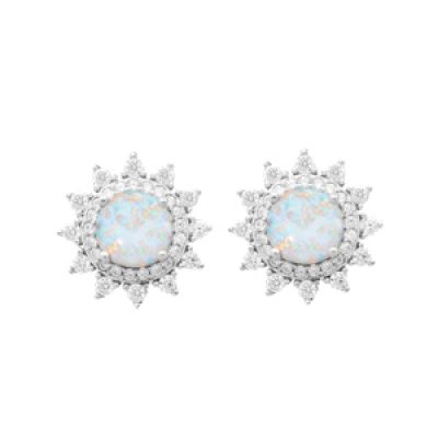 Boucles d'oreille en argent rhodié soleil avec Opale blanche de synthèse contour oxydes blancs sertis et fermoir poussette