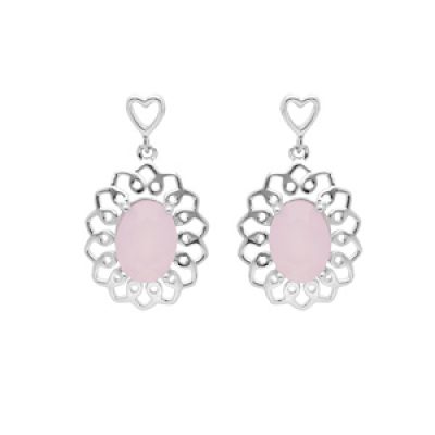 Boucles d'oreille en argent rhodié motif fleur ovale avec pierre rose suspendue et fermoir poussette