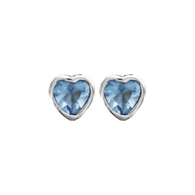 Boucles d'oreilles en argent rhodié oxyde bleu clair en forme de coeur serti clos et fermoir poussette