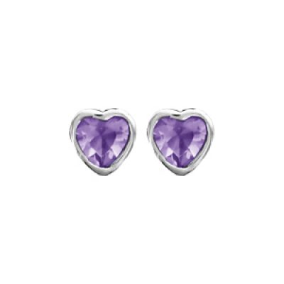 Boucles d'oreilles en argent rhodié oxyde violet en forme de coeur serti clos et fermoir poussette