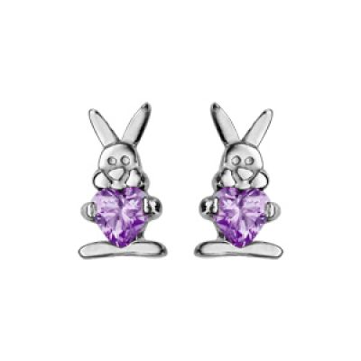 Boucles d'oreilles enfant en argent rhodié lapin avec oxyde violet et fermoir poussette