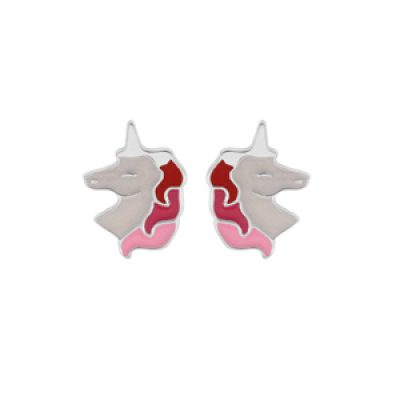 Boucles d'oreille en argent rhodié licorne blanche et rose et fermoir poussette