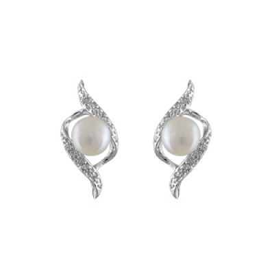 Boucles d'oreilles en argent rhodié torsade avec perle blanche et fermoir poussette