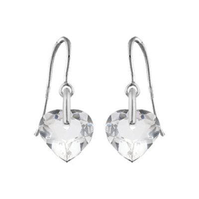 Boucles d'oreilles pendantes en argent rhodié coeur en cristal synthétique et fermoir crochet