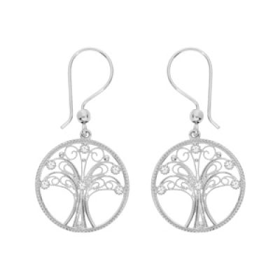 Boucles d'oreille en argent rhodié cercle suspendu avec arbre de vie en filigrane et oxydes blancs sertis fermoir crochet