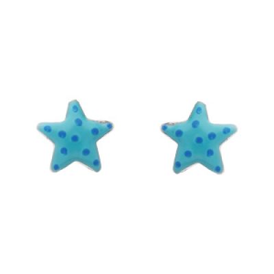 Boucles d'oreilles enfant en argent rhodié étoile de mer bleue et fermoir poussette