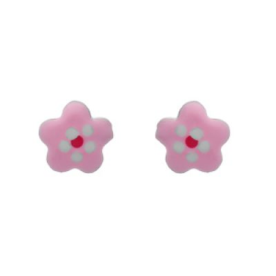 Boucles d'oreilles pour enfant en argent rhodié petite fleur rose et fermoir poussette