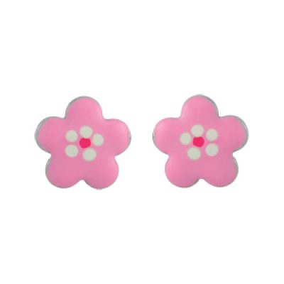 Boucles d'oreilles pour enfant en argent rhodié fleur rose et fermoir poussette