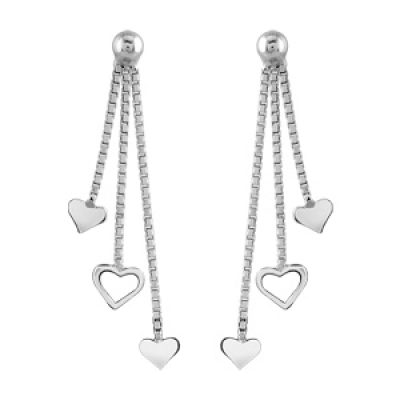 Boucles d'oreilles pendantes en argent rhodié chaînettes en maille vénitienne avec coeurs suspendus et fermoir poussette